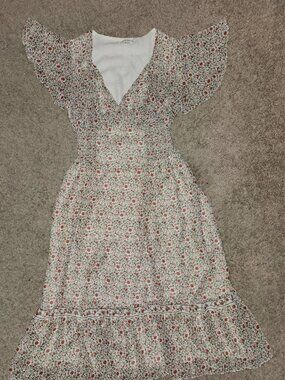 Max Studio Floral Midi Dress Short Sleeve Smocked Waist  Size XS Cottagecore